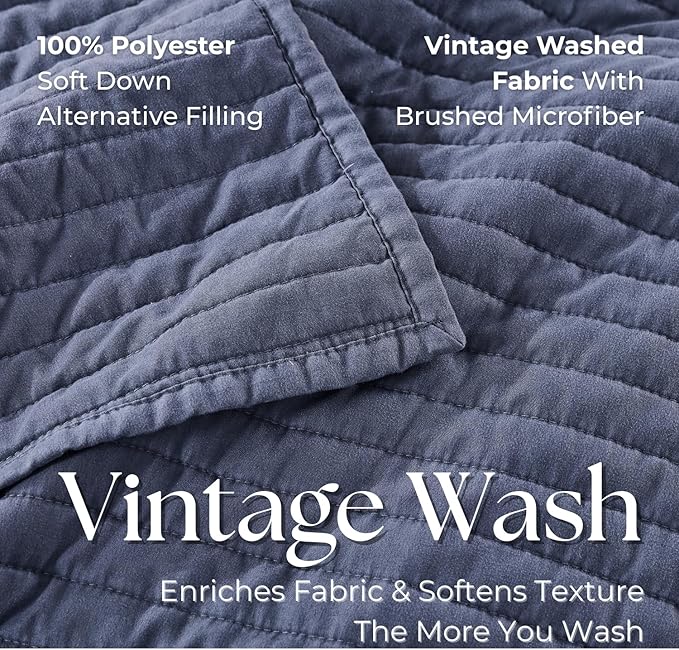 DOWN HOME King Quilt Bedding Set with Shams, Vintage Washed Soft Quilted Blanket Thin Comforter Lightweight Bedspread Coverlet Bed Cover, Brushed Microfiber Stripe Stitching, Vintage Denim, 104"x90"