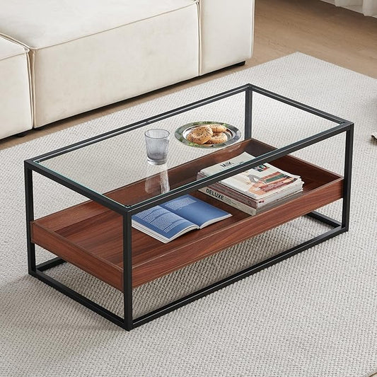 Shrine Glass Coffee Table, Black Walnut Coffee Table for Living Room, Glass and Wood Coffee Table, 39.2" D x 19.5" W x 15.7" H, Clear Glass Top, Walnut Wood Panels&Black Metal Frame