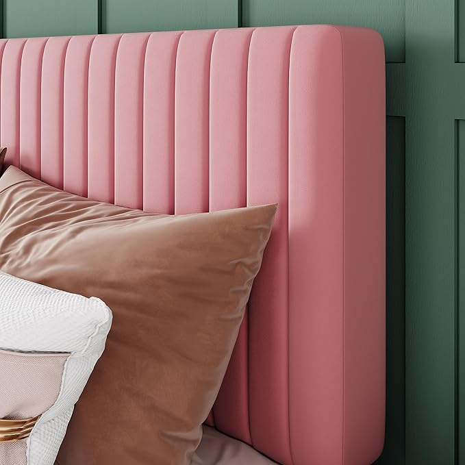 Allewie King Bed Frame, Velvet Upholstered Platform Bed with Adjustable Vertical Channel Tufted Headboard, Mattress Foundation with Strong Wooden Slats, Box Spring Optional, Easy Assembly, Pink