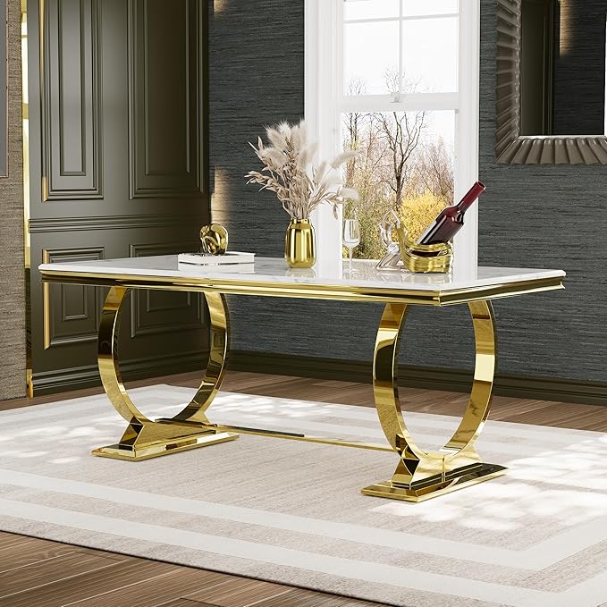 Asday White and Gold Dining Table, 72 inch Dining Room Table with Polished Stainless Steel U-Base for 4-8