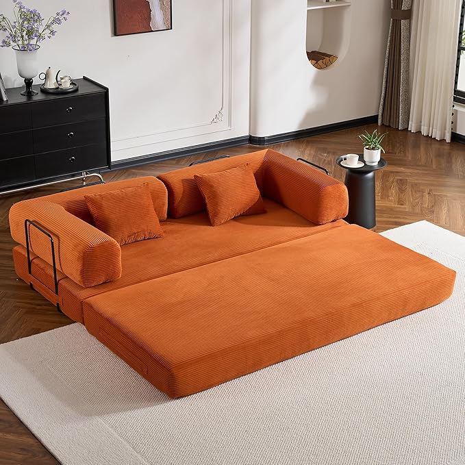 Convertible Folding Couch Bed, Comfy Corduroy Sleeper Floor Sofa Bed with Fixed-Shape Frame, Floor Sofa with Armrest, Lounge Couch for Living Room Bedroom Lounge Studio, Orange