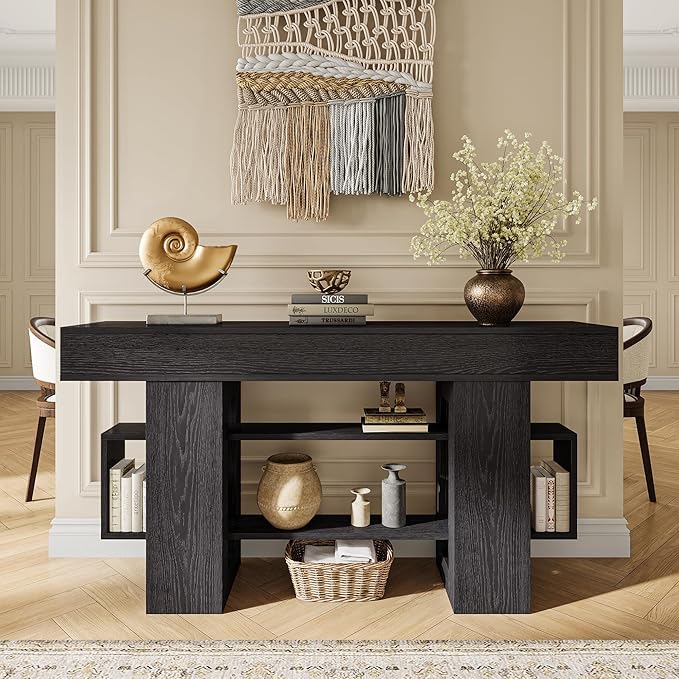 63 Inch Long Console Table for Entryway, Modern Wooden Sofa Table Behind Couch with 3-Tier Storage Shelf, Narrow Entry Accent Table for Living Room, Hallway, Foyer, Black