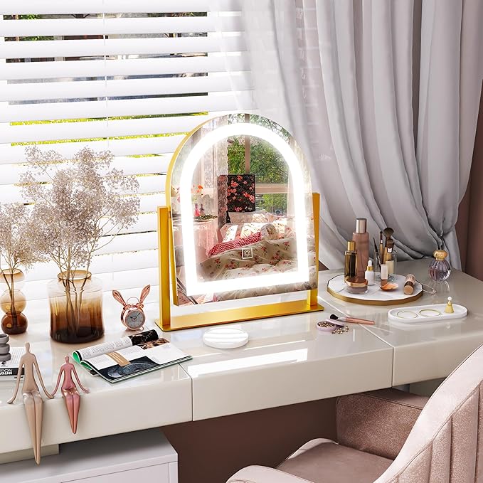 FENNIO Large Vanity Mirror with Lights - 15.5"x13" LED Lighted Makeup Mirror with Lights, 10X Magnification, Touch Screen with 3-Color Lighting, Dimmable, for Vanity Desk Tabletop, Bedroom（Gold）