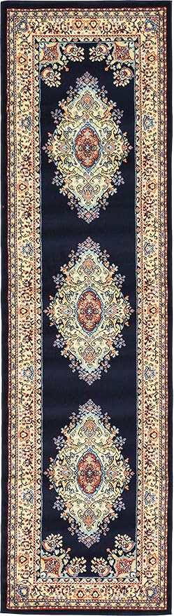 Unique Loom Reza Collection Traditional Persian Style Area Rug, 2 ft 7 in x 10 ft, Navy Blue/Ivory