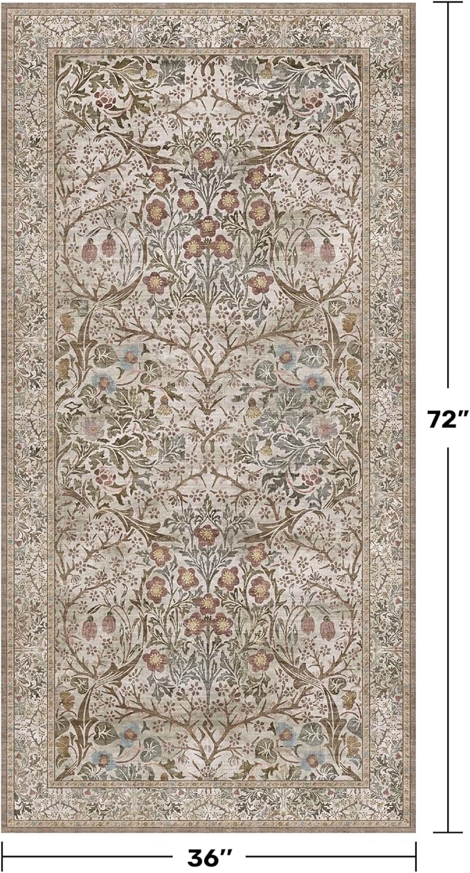 Vintage Moss Green 3x6 Area Rugs for Large Entryway, Bedroom Beside Rug, Kitchen, Non-Slip Low Pile Ultra Soft Stain Resistant Small Floral Neutral Carpet