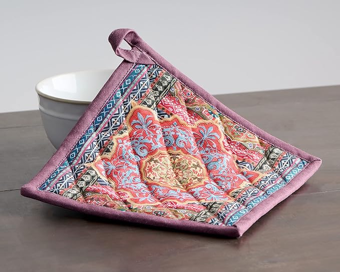 Maison d' Hermine 100% Cotton Oven Mitt & Pot Holder Set (7.5"x13" & 8"x8") Heat Resistant BBQ Cooking Gloves with Loop for Thanksgiving Christmas Decorations Handling Hot Pans (Ispahan)