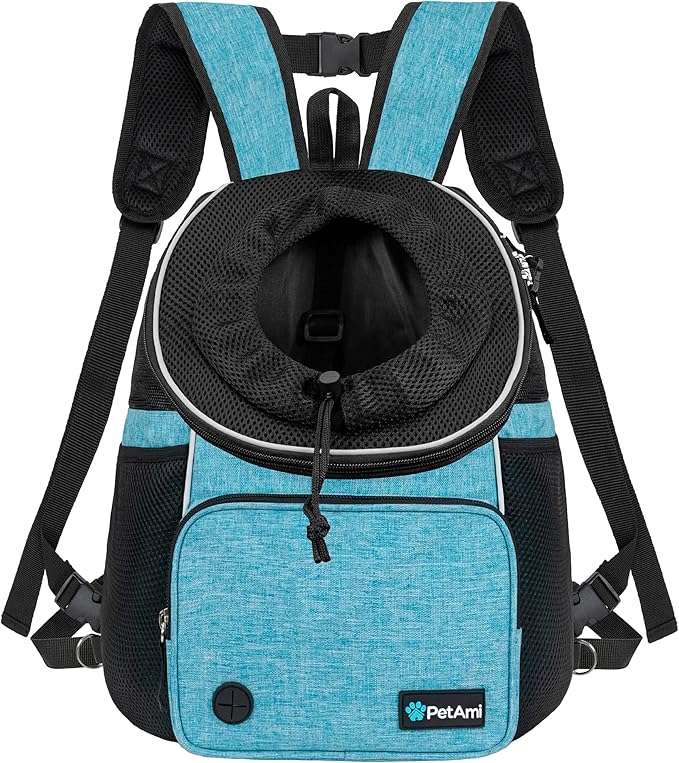 PetAmi Front Carrier Backpack for Dogs and Cats, Adjustable Ventilated Pet Chest Carrier for Hiking Camping Travel, Small Medium Dog Puppy Large Cat Carrying Bag, Max 10 lbs, Teal Blue