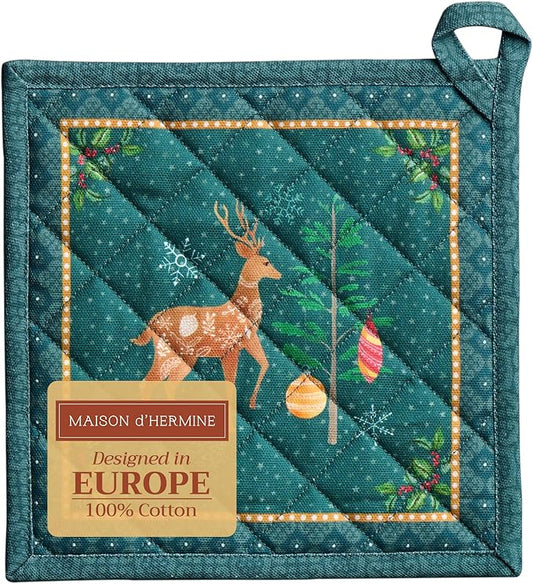 Maison d' Hermine Pot Holders 100% Cotton Heat Resistant Potholders 8" x 8" Hot Pads with Loop for Thanksgiving Christmas Decorations BBQ Cooking Baking Handling Hot Pans (Pack of 1, Hygge Christmas)