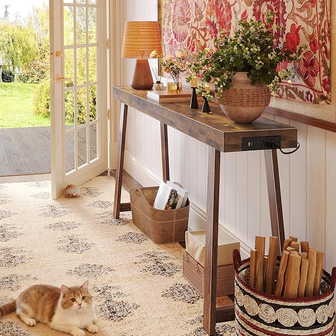 Huuger Entryway Console Table with Charging Station, USB-C Port, 53.9 Inch Sofa Table with Metal Legs, Entry Hallway Table with Thicker Desktop, Modern Behind Couch Table, Rustic Brown
