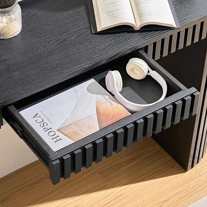 Modern Console Table for Entryway Contemporary Black Console Entry Tables with Drawer Fluted Sofa Tables Oval Long Foyer Table with Storage for Entry Way Hallway Entrance 59.05'' Wood