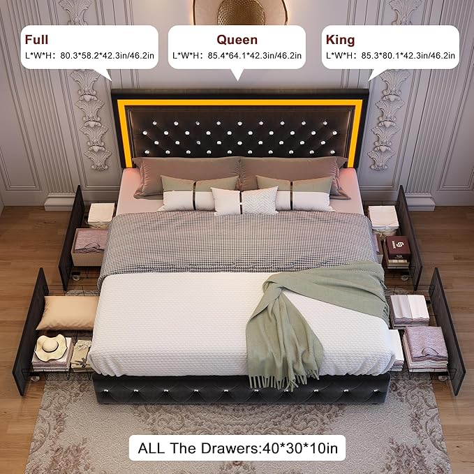 Full Bed Frame with LED Lights, Storage Drawers, No Box Spring Needed, 900 lbs Capacity, Easy Assembly, Velvet Black
