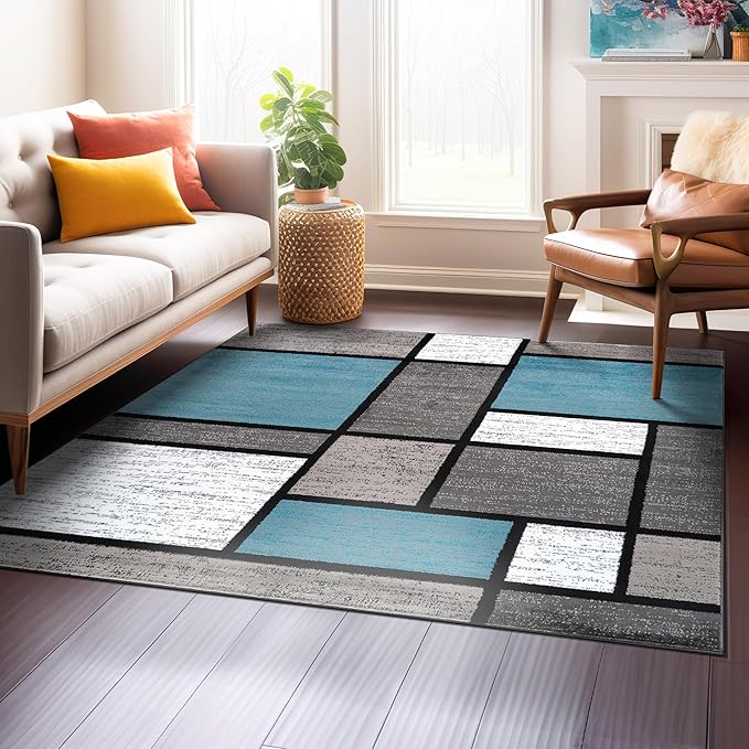 Rugshop Modern Geometric Boxes Blue Area Rug, Non-Shedding Square Carpet for Bedroom, Dining Room, or Home Office, 6'6" x 6'6"