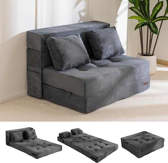 MAXYOYO Convertible Sofa Bed, Fold Out Sleeper Sofa with Pillow, 4 in 1 Tufted Folding Couch Bed Foam Floor Couch, Lazy Chair for Living Room Bedroom Guest Room, Dark Grey
