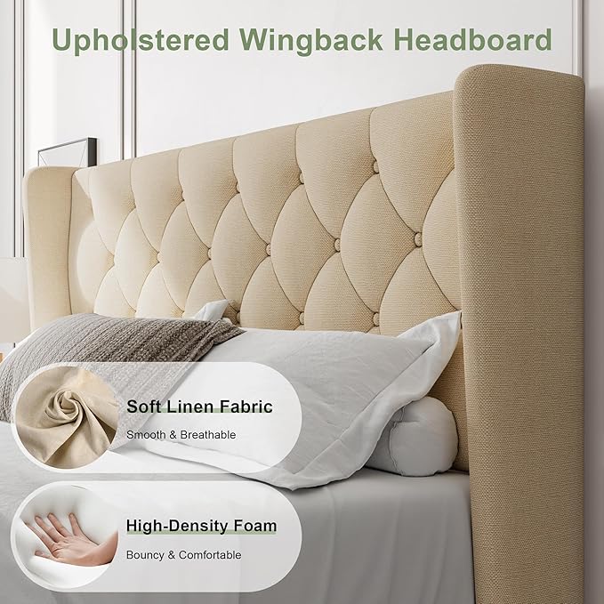 Feonase Queen Bed Frame with Diamond Tufted Wingback Headboard, Morden Upholstered Platform Bedframe, Sturdy Wooden Slats Support, Noise-Free, Easy Assembly, No Box Spring Needed, Beige