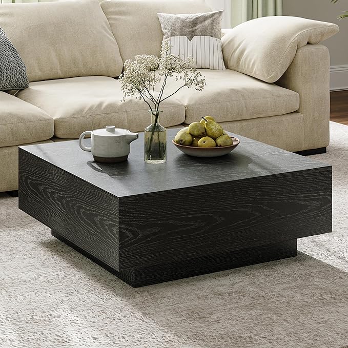 POVISON Modern Square Coffee Table with Drawers, 35.43" Wood Coffee Table for Living Room Home Office, Fully-Assembled Black