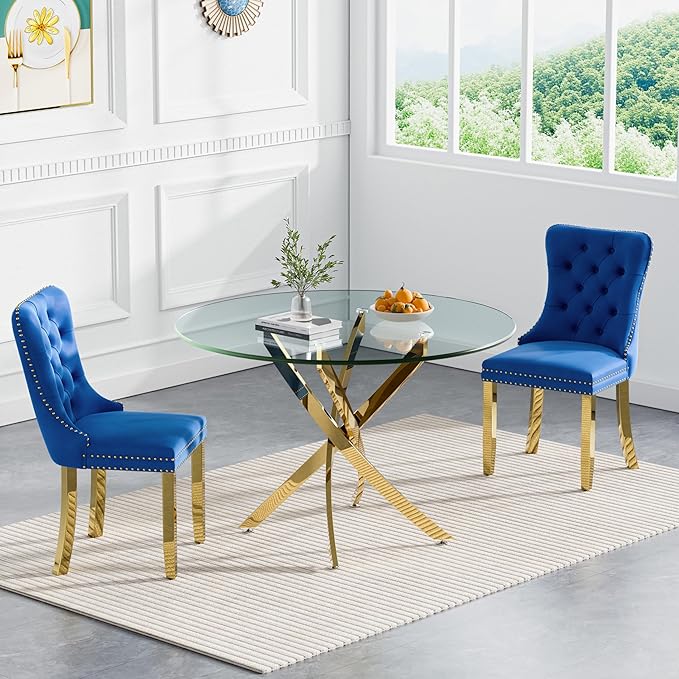 Goujxcy 3 Piece Round Glass Dining Table Set for 2, 36" Round Dining Table & Chair Set Modern Circle Glass Kitchen Table and 2 Velvet Upholstered Chairs for Kitchen Dining (Gold Table & Blue Chair)