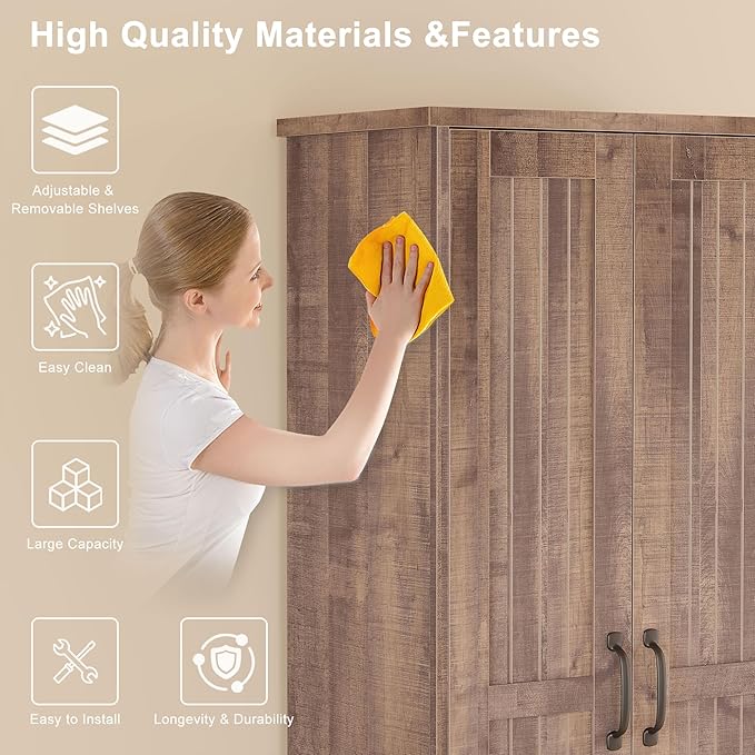 70" Tall Storage Cabinets, Large Wood Storage Pantry Cabinet with 6 Adjustable Shelves, 2 Striped Doors & Drawer, Standing Utility Cabinet for Kitchen, Bathroom, Dining Room, Antique (Brown)