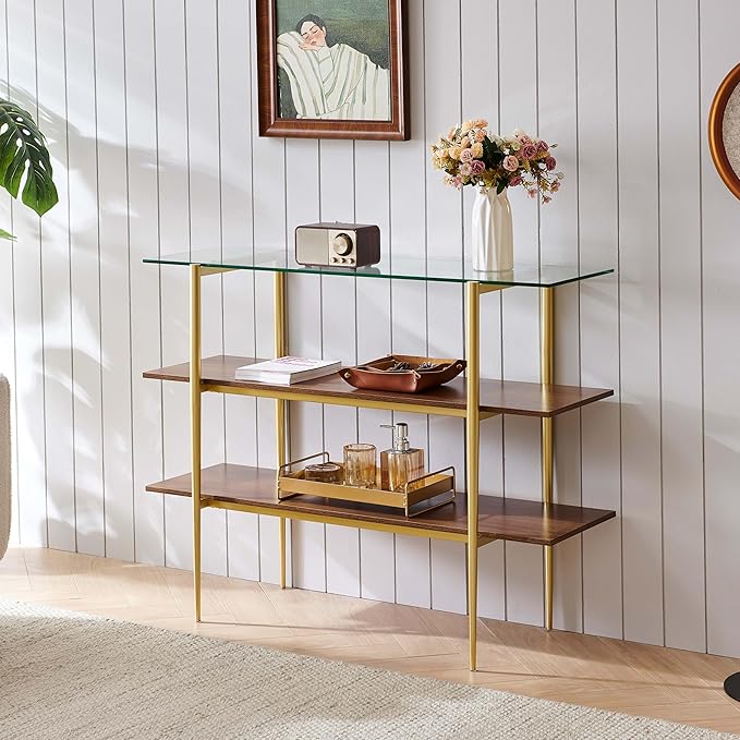 Glass Console Table for Living Room, Foyer & Entrance, H41 x W14 x H31inch, 3-Tier Mid-Century Modern Sofa Table with Clear Glass Top, Walnut Finish Wood Shelf and Gold Finish Frame