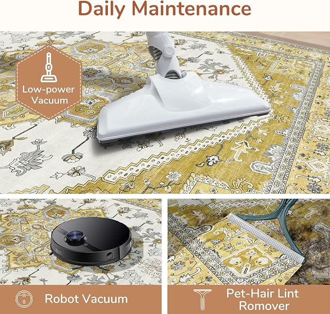 OPPODREAM Thin Area Rugs 5x7, 5x7 Washable Rug with Non Slip Backing, 5 x 7 Faux Cashmere Low-Pile Carpet, Yellow