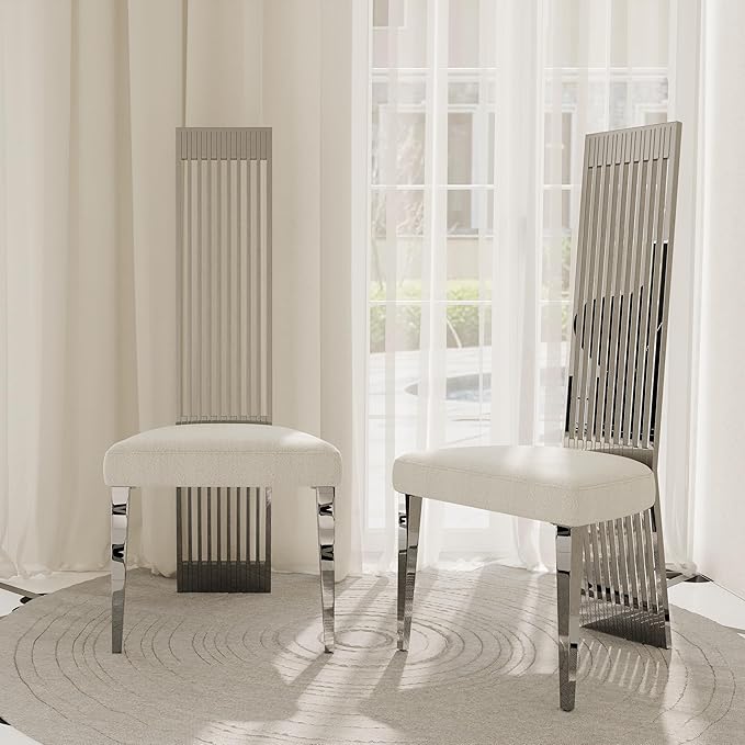 Luxury Dining Chair Set of 8, Polished Silver High Back Kitchen Chairs, Modern Simple Dining Chairs with Upholstered Padded Seat and Sturdy Metal Mirrored Legs for Dining Room,Kitchen