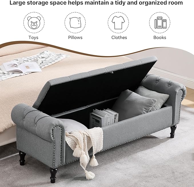 67 Inch Storage Bench for Bedroom, Linen End of Bed Bench, King Size Bench with Rolled Arms, Upholstered Tufted Button Storage Ottoman, Living Room, Entryway, Light Grey