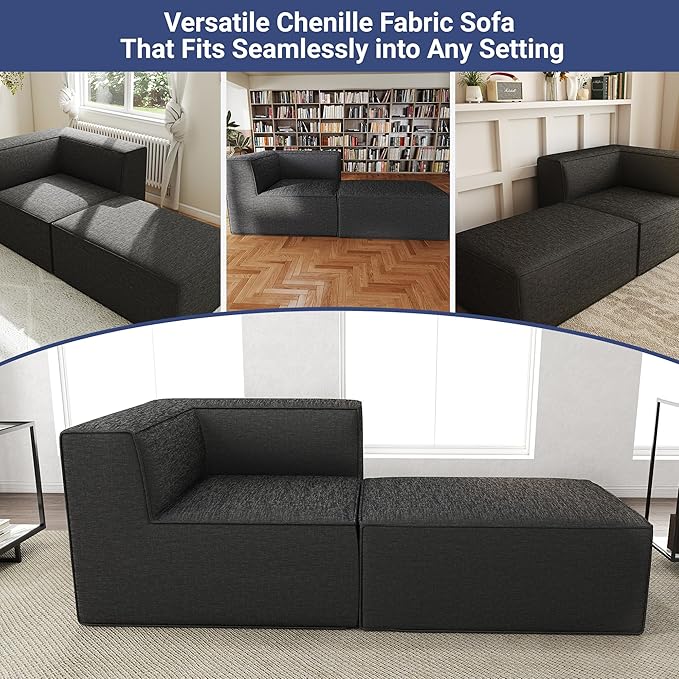 76" Sectional Compressed Sofa Modular Couches,High-Density Foam No Assembly Required, 2-Piece(1x Corner 1x Ottoman) for Living Room, Chenille Dark Gery