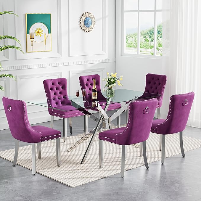 Goujxcy 7 Piece Glass Dining Table Set Modern Glass Dining Table Set for 6, 61" Rectangular Silver Kitchen Table and 6 Velvet Upholstered Chairs, Silver Table & Purple Chair