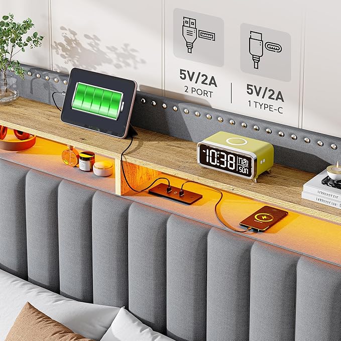 EnHomee Full Size Bed Frame with 2-Tier Storage Headboard & Charging Station, LED Platform Bed Frame with 2 Storage Drawers, Sturdy Wooden Slats Support, Noise-Free, No Box Spring Needed, Grey