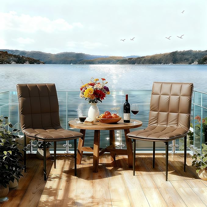 Dining Chairs Set of 2, PU Leather Upholstered Kitchen Chair with Metal Legs, Modern Accent Chairs, Brown Dinner Chairs for Kitchen, Dining Room, Restaurant, Cafe, Bedroom, Balcony, Courtyard
