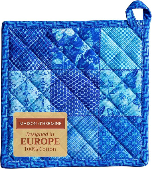 Maison d' Hermine Pot Holders 100% Cotton Heat Resistant Potholders 8" x 8" Hot Pads with Loop BBQ, Cooking, Baking, Grilling, Kitchen, Handling Hot Pans Spring/Summer (Pack of 1, Indigo Love)