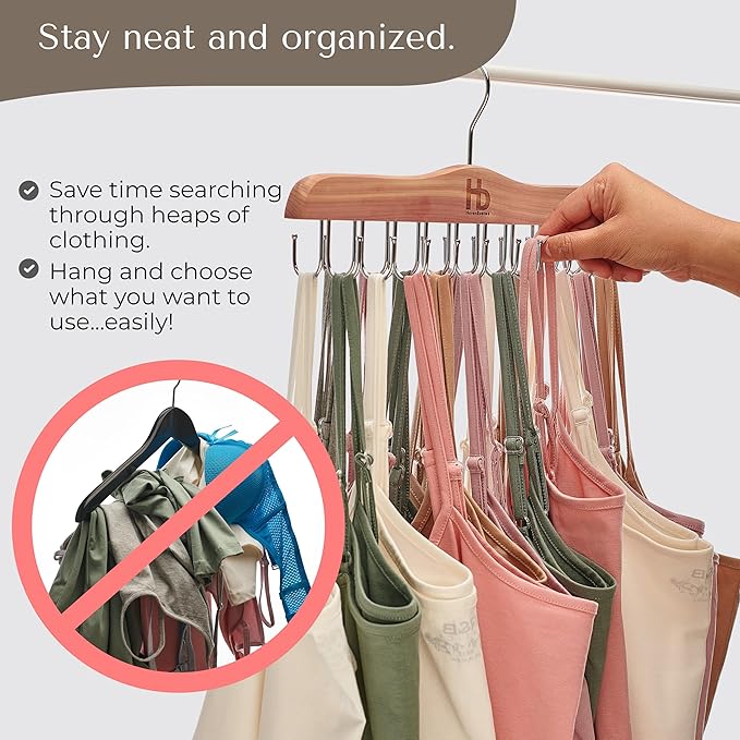 Large Bra Hanger and Bra Organizer for Closet – Tank Top Hanger Space Saving for House, Dorm, Apartment - Foldable Wooden for Closet Organizer– 20 Hook - Cedar WoodHanger, Natural, 1 Pack