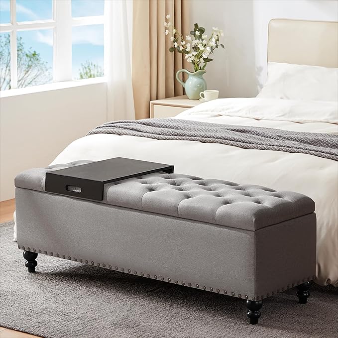 HUIMO 51-inch Storage Bench Ottoman with Removable Tray, Cotton Linen Blend Fabric, Button Tufted, Safety Hinge, 300lb Weight Capacity, Gray