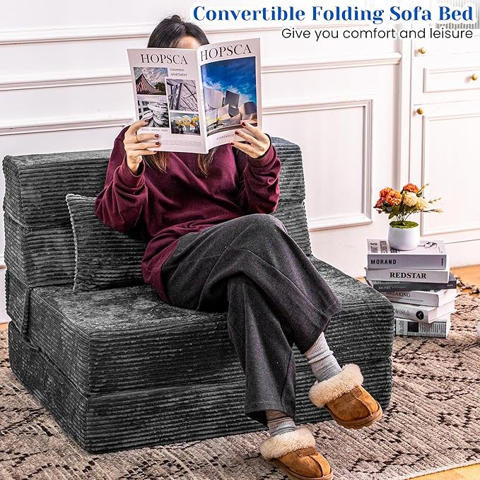Folding Sofa Bed, Convertible Sleeper Chair with Pillow, High Density Memory Foam Fold Out Couch, Foldable Mattress Futon Sofa for Living Room/Dorm/Guest Use/Apartment/Home Office