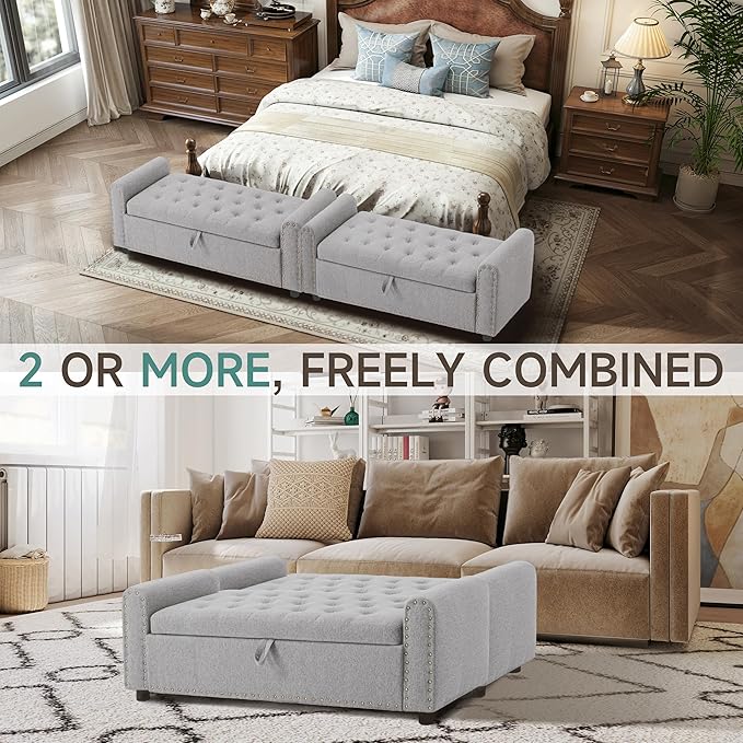 Ottoman with Storage, Tufted Storage Bench for Bedroom, 48" Fabrics End of Bed Bench, Upholstered Entryway Shoe Benches with Rolled Arm & Inner Zipper, Window Ottomans Chest with Rivets, Light Grey
