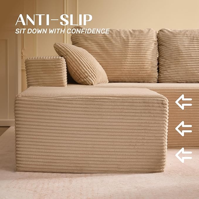 138" Boneless Couch with Deep Seat, Modular Sectional Sofa, Cloud Sectional Couch for Living Room, No Assembly Required, Corduroy, U-Shape 4 Seater Right, Camel