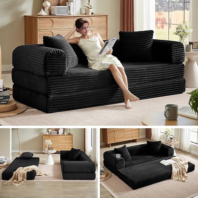 Boneless Couch Sofa Bed Sectional Couches for Living Room,Futon Cloud Couch with Sleeper Sofa,Sofas for Living Room Oversized Corduroy Upholstered (Black)
