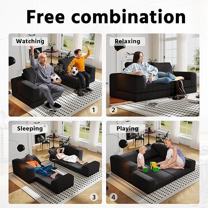 Cloud Modular Sectional Sofa, DIY Combination Modular Couch for Living Room, Unique Knitted Fabric Love Seat Couches with 2 Pillows, 2 Seater Comfy Sectional Couch with No Assembly (Black)