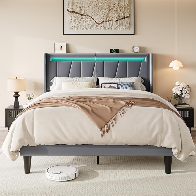 Allewie Queen Size LED Bed Frame with Charging Station, Velvet Upholstered Platform Bed with Geometric Wingback Headboard, Modern Frame with No Box Spring Needed, Easy Assembly, Grey