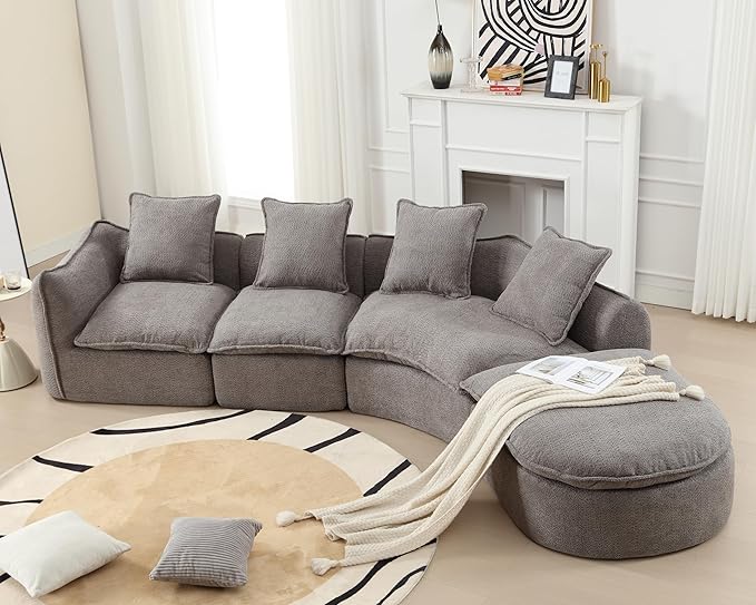 137.8” Curved Boucle Sofa Couch, Modern Sectional Sofa Cloud Deep Seat Couch with 4 Pillows, Comfy Modular 5-Seat Couches for Living Room Apartment (Grey)