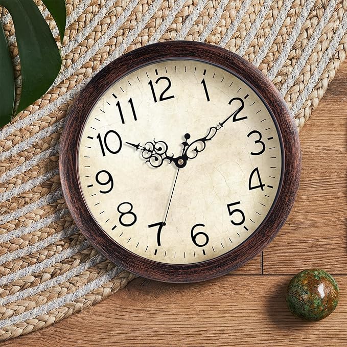 Wall Clock 10 Inch Vintage Wall Clocks Battery Operated Quartz Silent Non-Ticking Retro Rustic Style Clock Decorative for Kitchen,Bathroom, Living Room, Home Office (Bronze)
