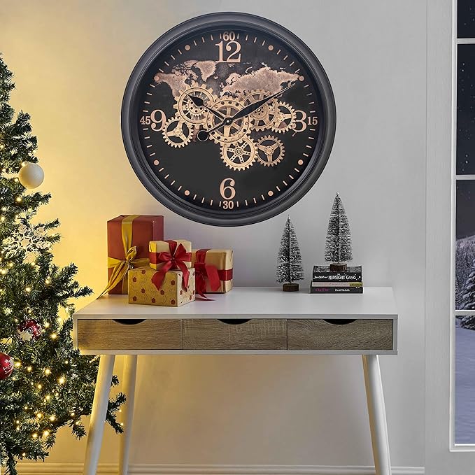 CLXEAST 24 Inch Moving Gear Wall Clock with World Map Pattern,Large Black Gold Metal Wall Clock for Modern Farmhouse Living Room Decor,Reloj De Pared para Sala