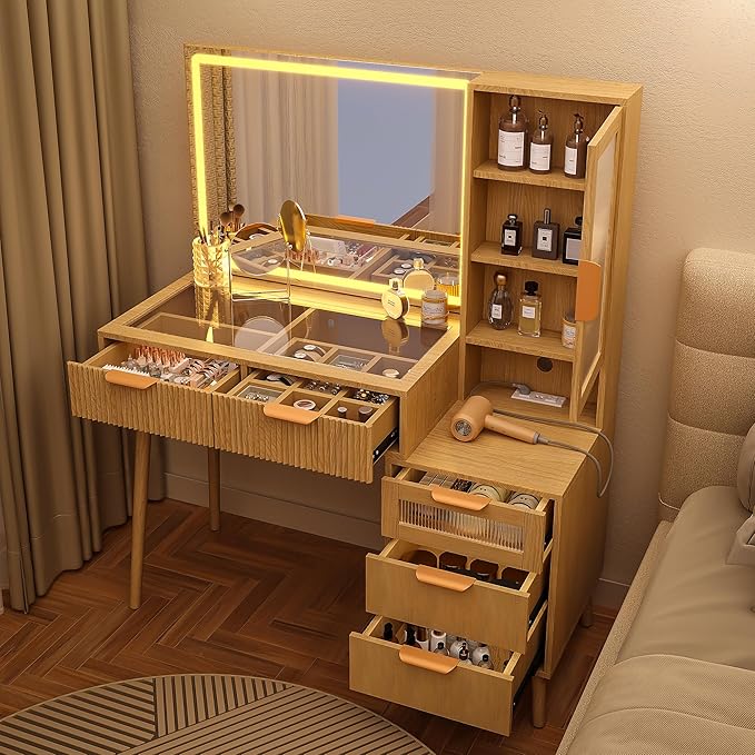 Fluted Makeup Vanity Desk with Mirror and Lights, 5 Drawers Glass Top Makeup Vanity with 4 Storage and 9-Grid Organizer, 3 Color Ribbed Glass Dressing Table with Charging Station, Light Oak