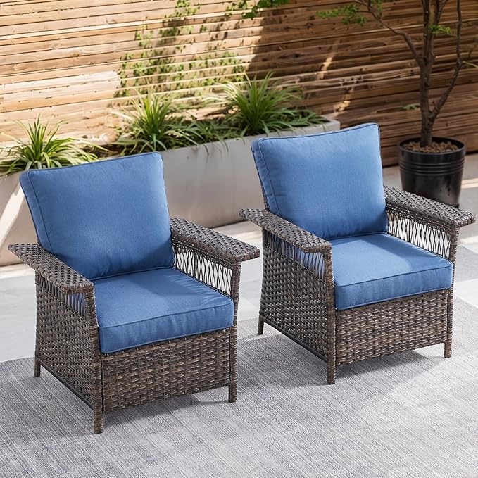 Wicker Outdoor Chairs Set of 2 - Hollow Widen Armrests Patio Furniture Set with Comfortable Thickened Cushion, High Back Outdoor Rattan Chairs for Balcony Porch Deck and Yard - Brown - Blue