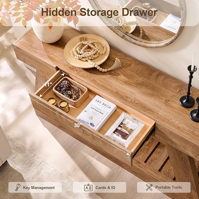 60" Farmhouse Entryway Table with Drawer, Wooden Hallway Foyer Table with Heavy Duty Base, Sofa Table for Living Room(Light Knotty Oak)