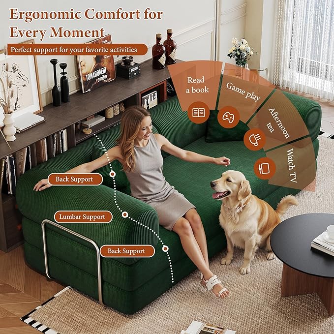 Boneless Couch Sectional Sofa,Convertible Sofa Bed with Sleeper Sofa,Futon Floor Couch Folding Sofas for Living Room,Bedroom,Apartment (Green, 78.8''W)
