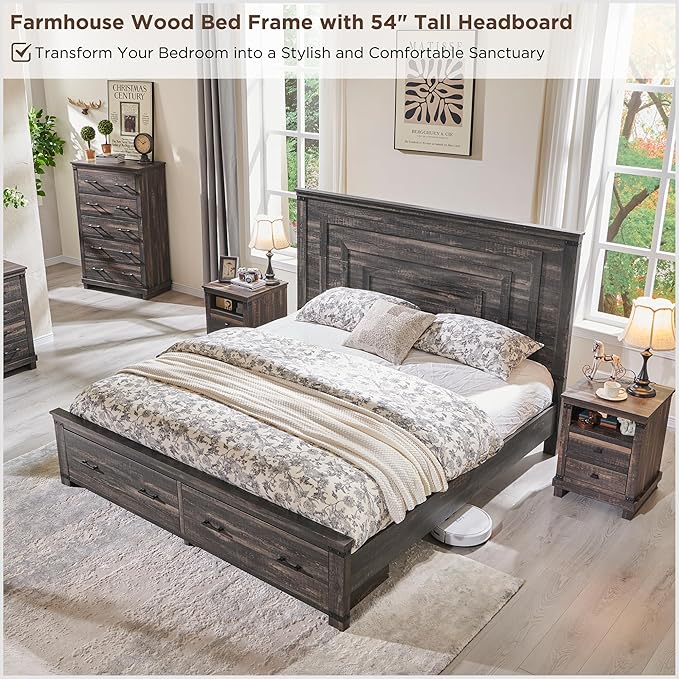 RedLemon Farmhouse King Size Bed Frame w/ 54" Tall Geometric Headboard, Rustic Wood Platform Bed w/ 2 Large Storage Drawers, Wood Slats Support, Noise Free, No Box Spring Needed,Dark Rustic Oak