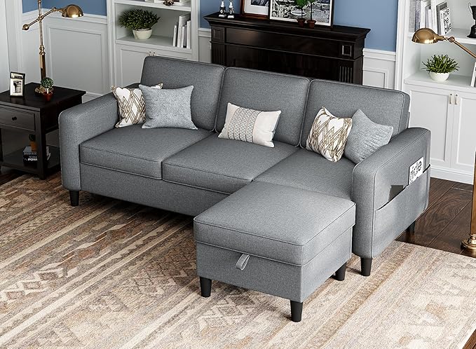 Sectional Sofas Couches for Living Room Convertible 3-Seater 78" L Shaped Couch for Small Spaces, Grey Pet-Friendly Modern Linen Fabric Sofa & Washable Covers for Apartments Studios Dorms