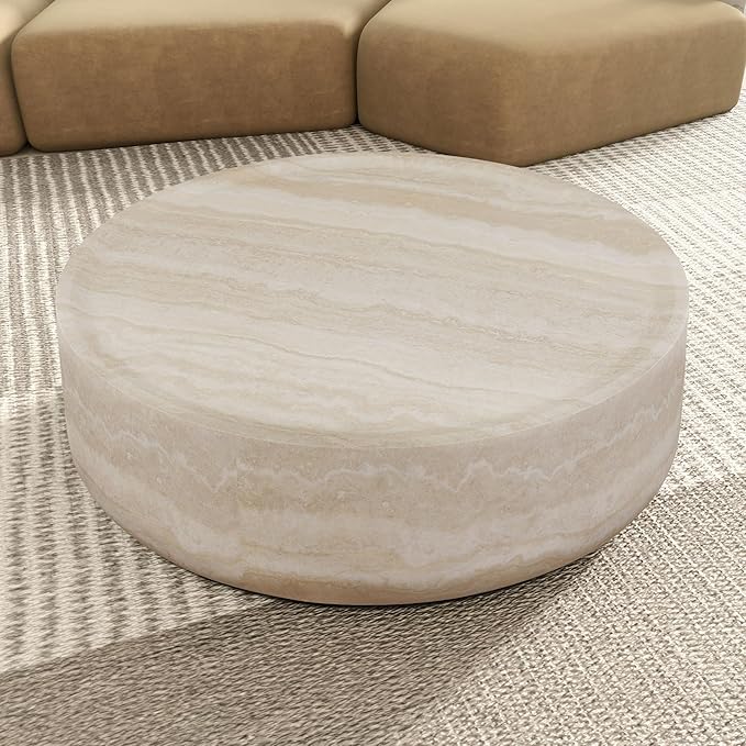 Round Coffee Table 35.43'' Marble Pattern Drum Shaped Coffee Table Fiberglass Cocktail Table Center Table for Living Room ome Office, Fully Assembled, White
