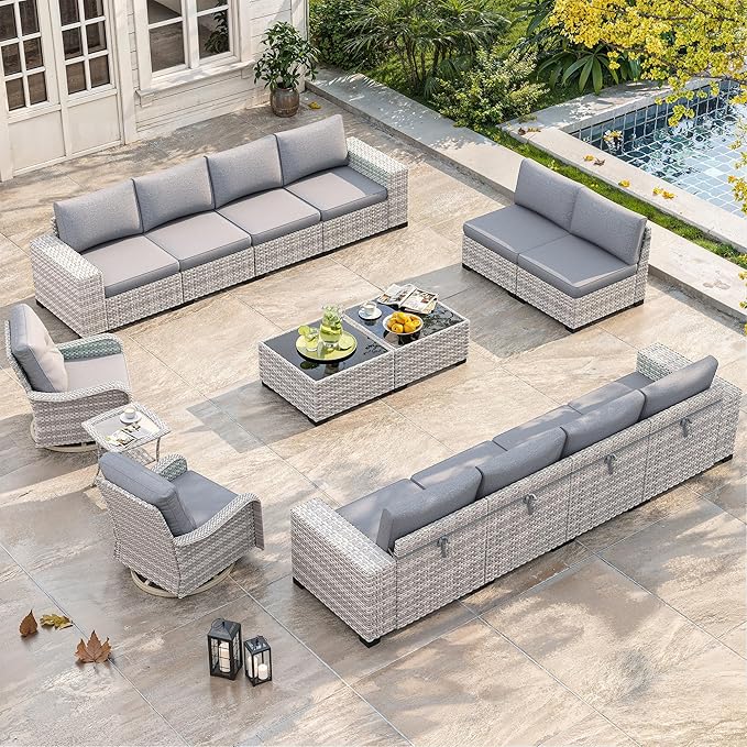 15 Piece Outdoor Wicker Rattan Sectional Sofa Set with Swivel Chairs, 12-Seats Patio with 4" Thickened Cushions & Coffee Table, All-Weather PE Rattan for Garden, Backyard, Porch, Grey