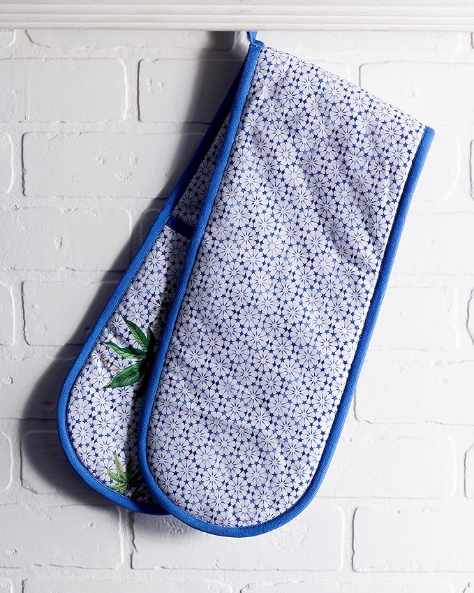 Maison d' Hermine Double Oven Mitts 100% Cotton 7"x35" Double Oven Mitt Heat Resistant BBQ Cooking Gloves with Loop, Baking, Grilling, Home, Kitchen, Handling Hot Pans Spring Summer (Passiflora)